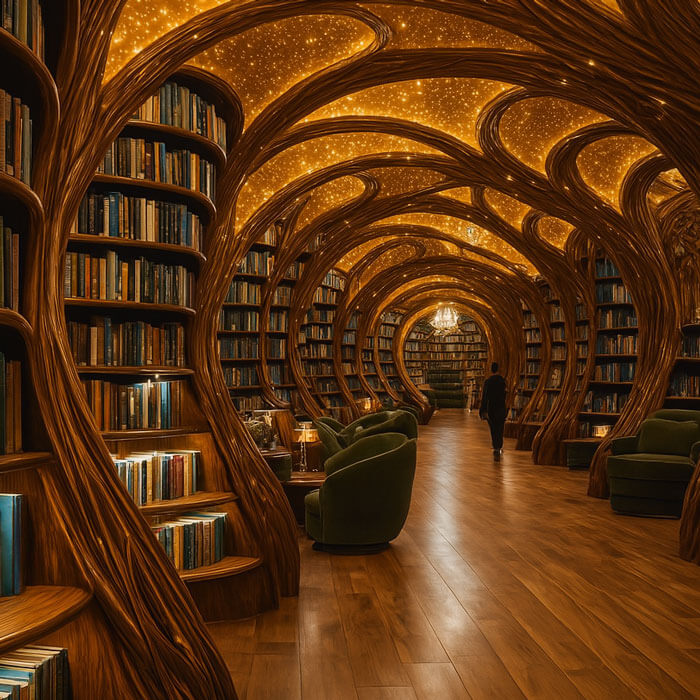 Distorted library image with stars on the ceiling