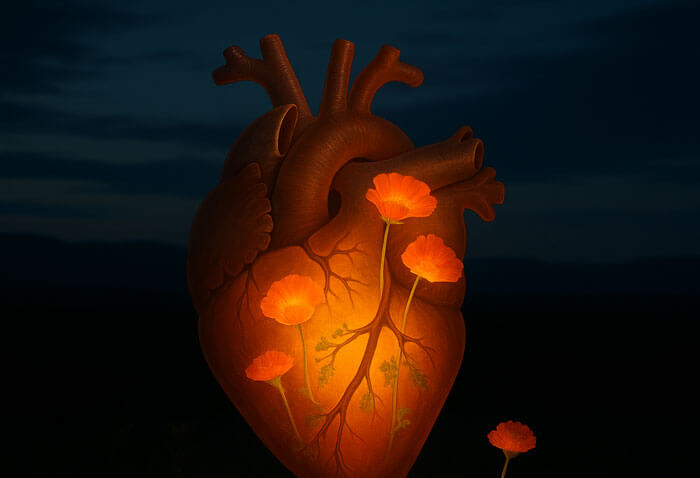 Orange flower growing out of a heart