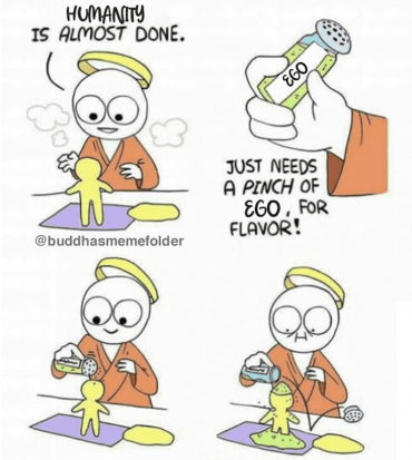 A comic strip of God creating the human and accidentally adding to much ego in the process